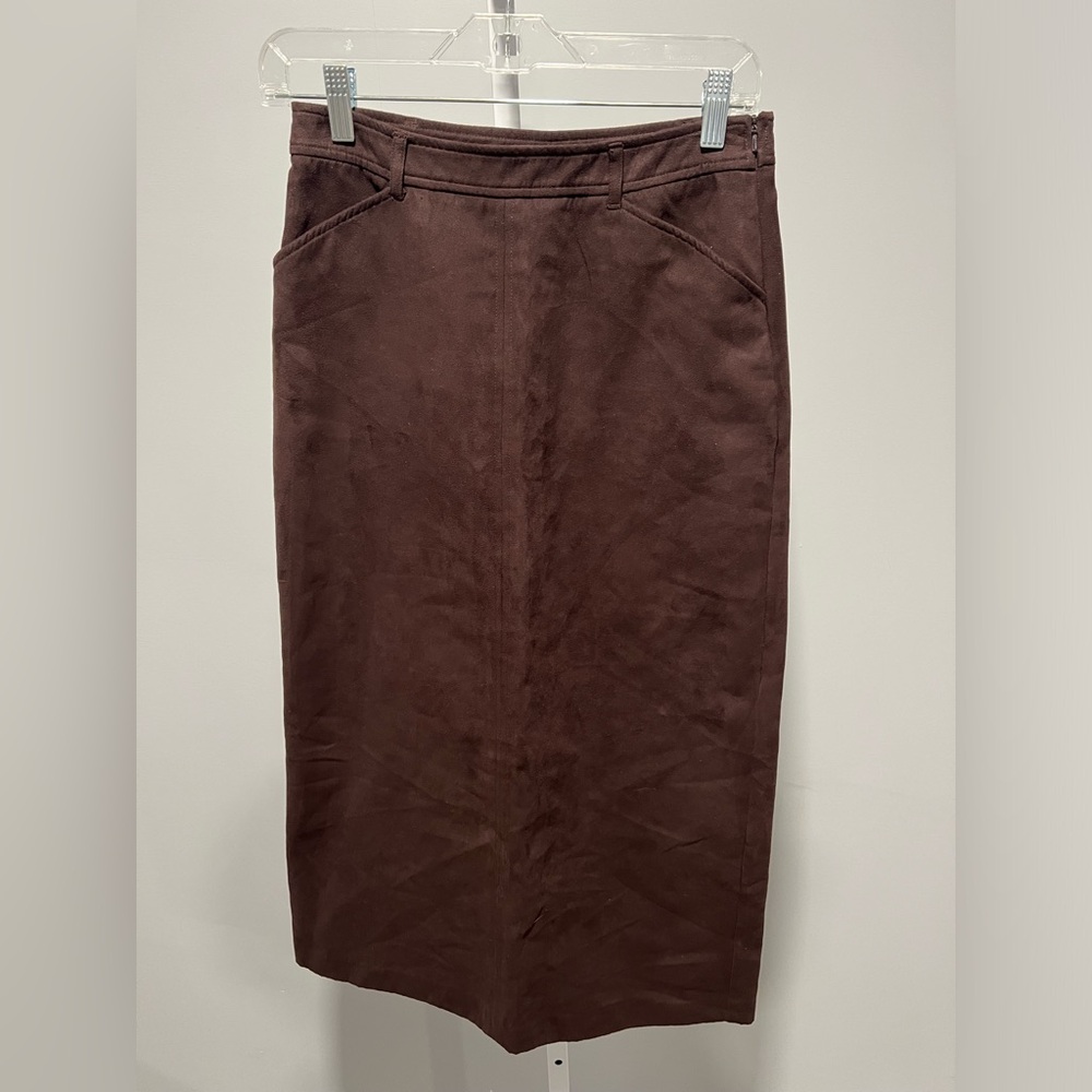 Old Navy Brown Faux Suede Midi Pencil Straight Skirt Back Slit Pockets Size 1